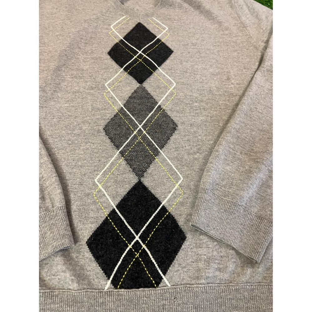 Hugo Boss Mens Argyle V-Neck Sweater Grey 100% Virgin Wool Slim Fit XXL - Picture 2 of 9